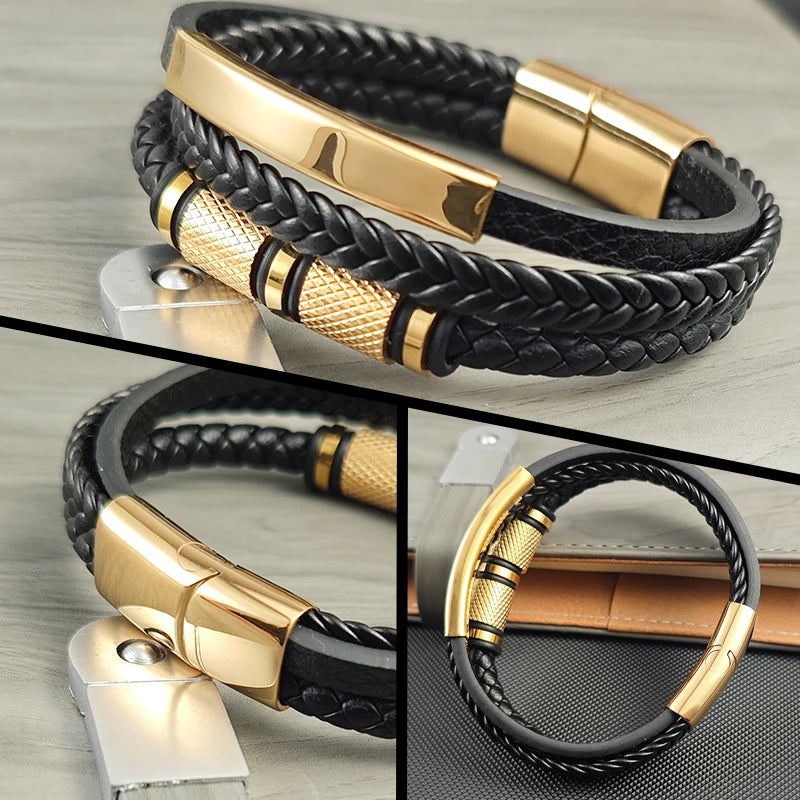 New Gold Beads Charm Men Bracelet Stainless Steel Magnetic Buckle Braided Mutilayer Leather Wrapped Bangles Women Jewelry Gift