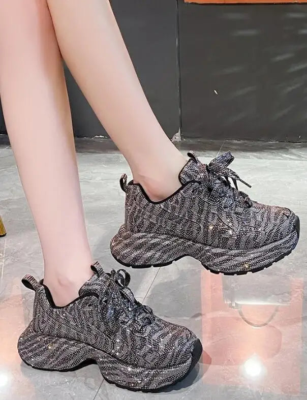 Luxury Women Bling Running Shoes Chunky Sneakers Fashion Casual Genuine Leather Breathable Height Increased Flat Platform Shoe