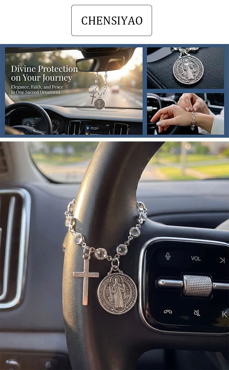 Catholic Protection Rosary Car Accessory St. Benedict Medal & Cross Pendant For Auto Interior Decor Religious Protection Pendant