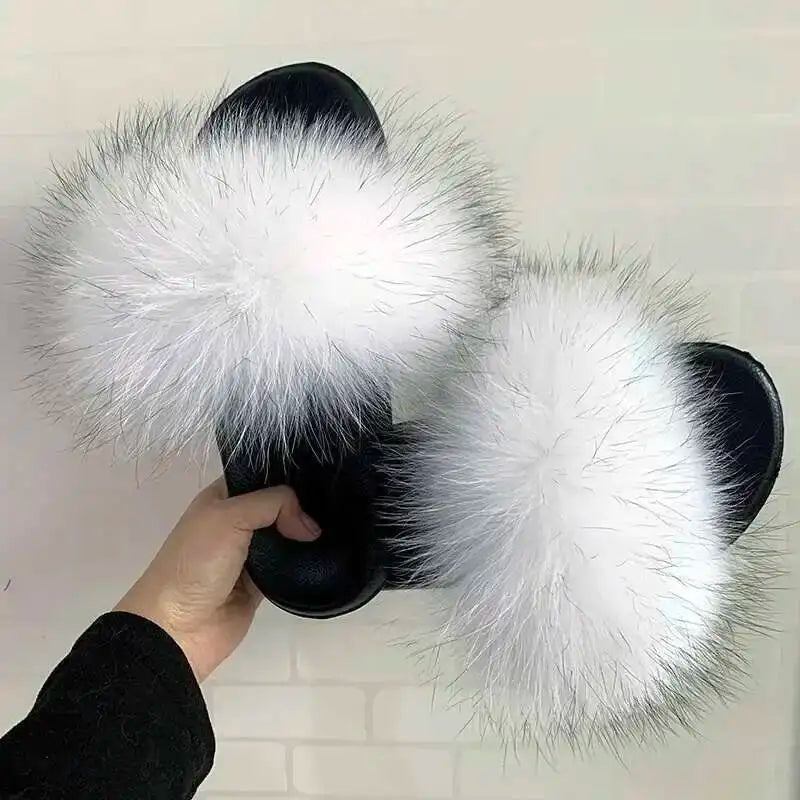 Real Raccoon Fur Slippers For Women 2023 Summer Fluffy Indoor House Fuzzy Flat Slides Outdoor Fashion Beach Sandals Flip Flops