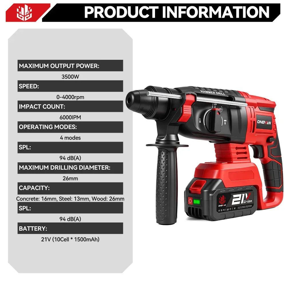 ONEVAN 3500W Brushless Electric Rotary Hammer 4000RPM Cordless Portable Impact Drill Screw Power Tool For Makita 18V Battery Pin