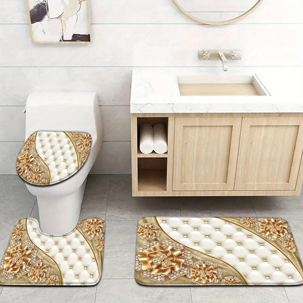 3pcs Nordic Style Gorgeous Series Gold Diamond Flower Pattern Bathroom Mat Set Toilet Seat Ring U-shaped Foot Mat