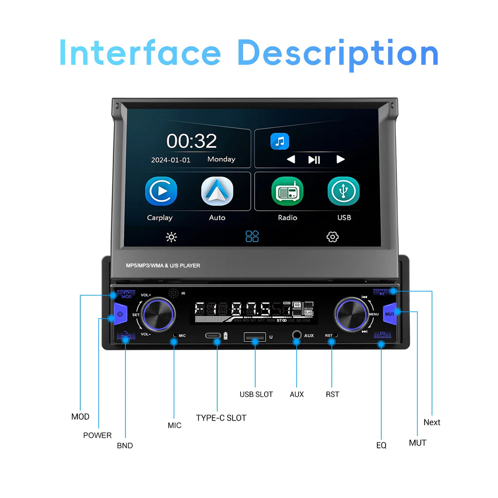 Podofo 7'' 1Din Retractable Screen EQ Sound FM/AM/RDS Multimedia Player Carplay Android Auto Bluetooth Type-C USB SWC Car Audio
