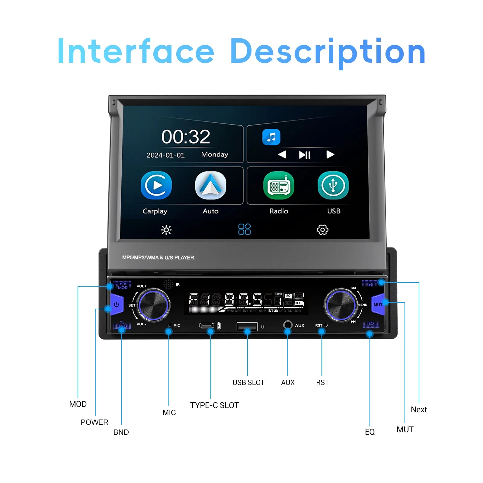 Podofo 7'' 1Din Retractable Screen EQ Sound FM/AM/RDS Multimedia Player Carplay Android Auto Bluetooth Type-C USB SWC Car Audio