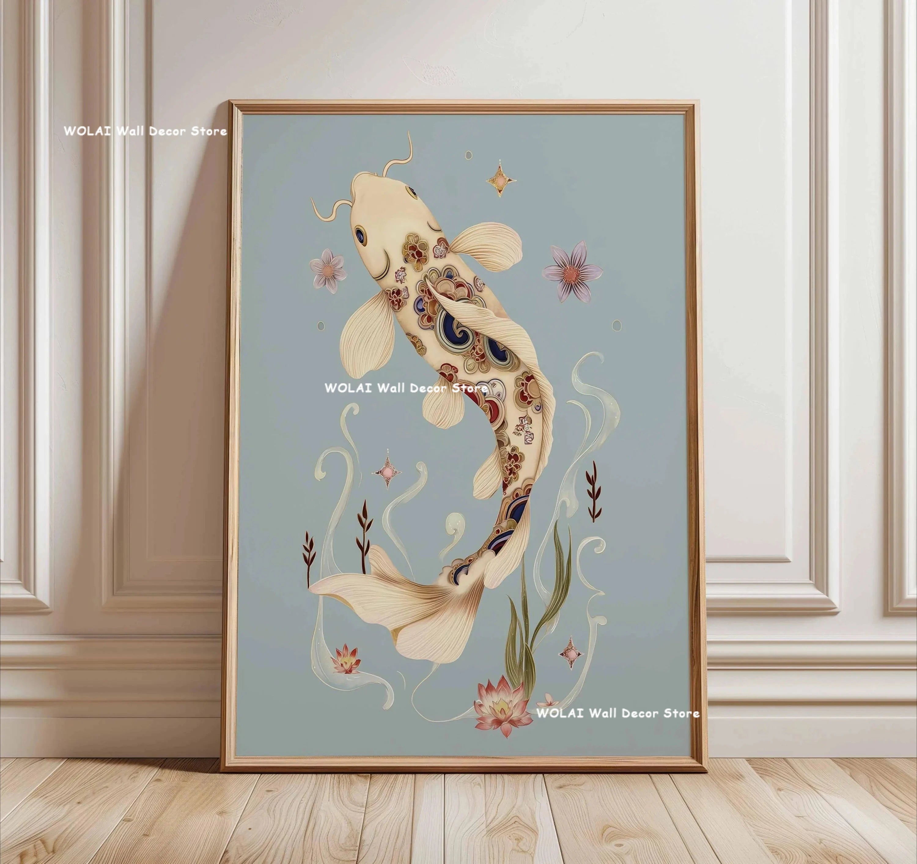 Retro Japanese Forest & Koi Fish Zen Water Painting Canvas Poster Abstract Sun Waves Wall Art Printing for Peaceful Home Decor