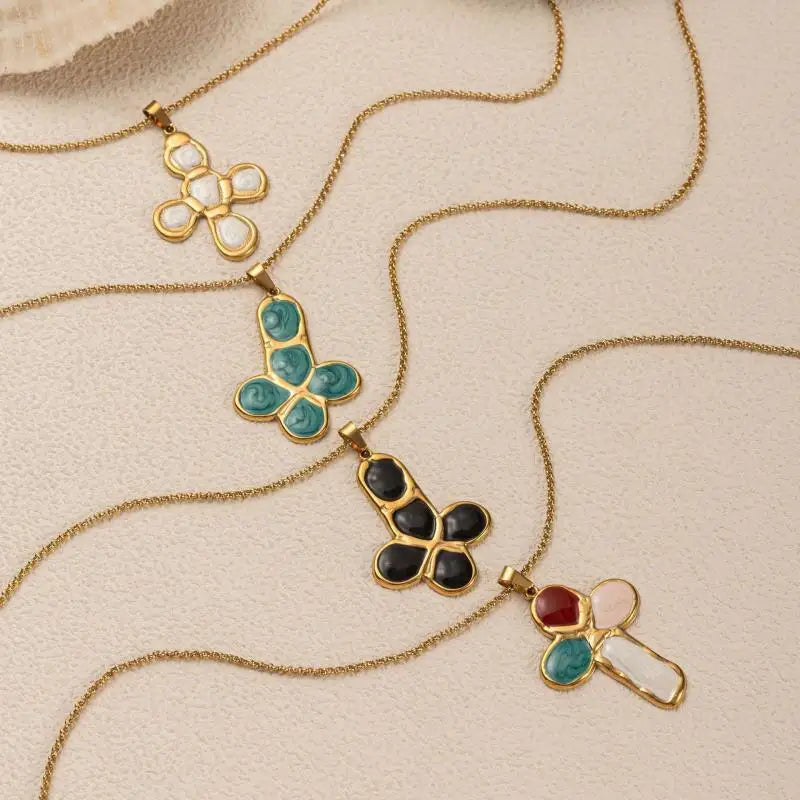 Stainless Steel Colorful Stone Cross Pendant Necklace for Men Women Punk Hiphop Drop Oil Gold Color Necklace Jewelry Accessories