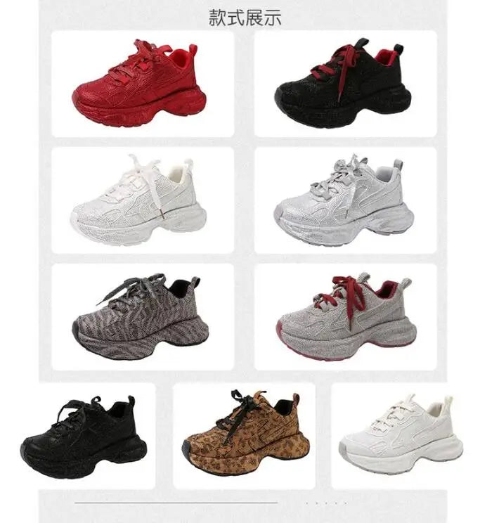 Luxury Women Bling Running Shoes Chunky Sneakers Fashion Casual Genuine Leather Breathable Height Increased Flat Platform Shoe