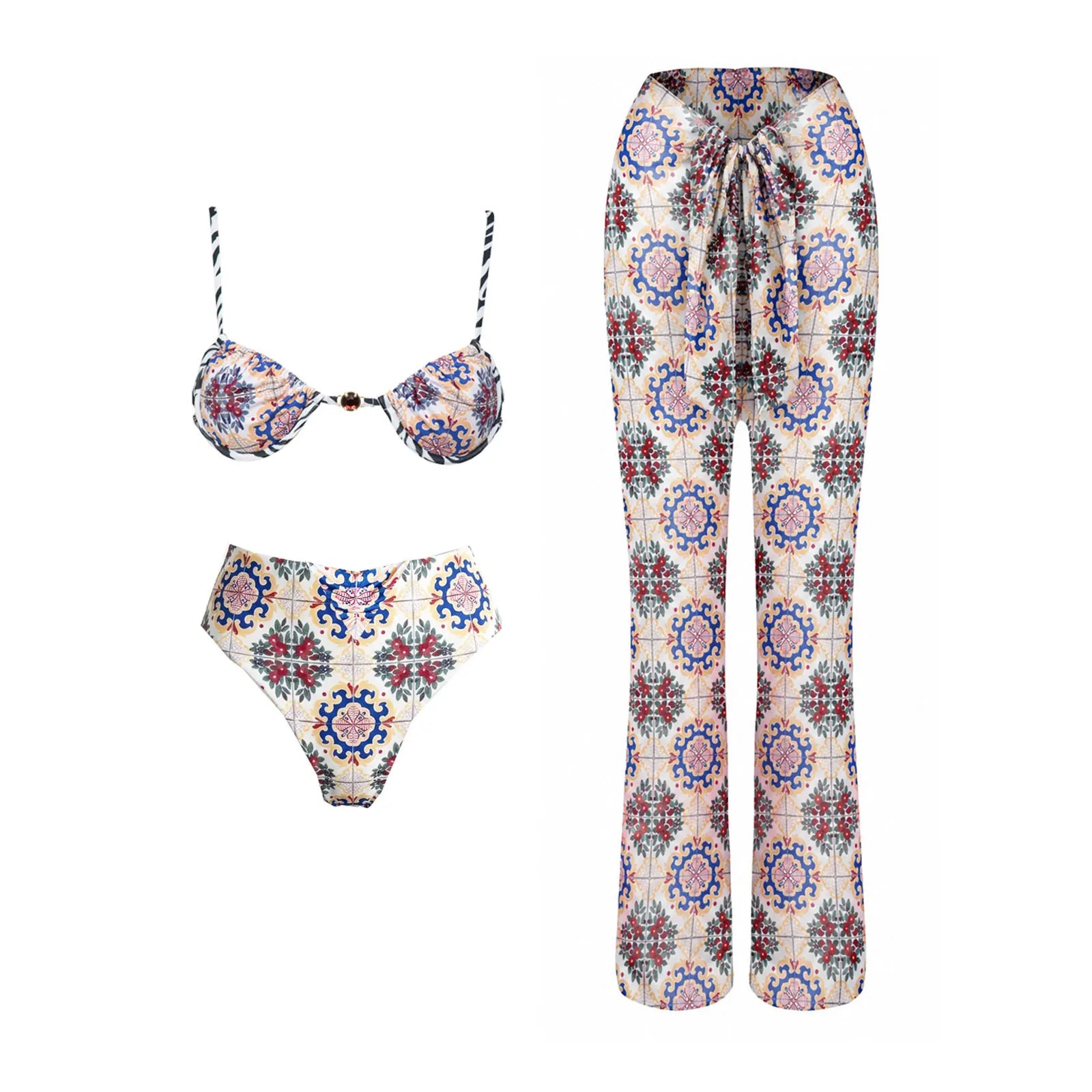 Maillot de bain 3 pièces push-up 2026 à imprimés rétro avec pantalon en maille, maillot de bain sexy pour femme, paréo de plage à bretelles