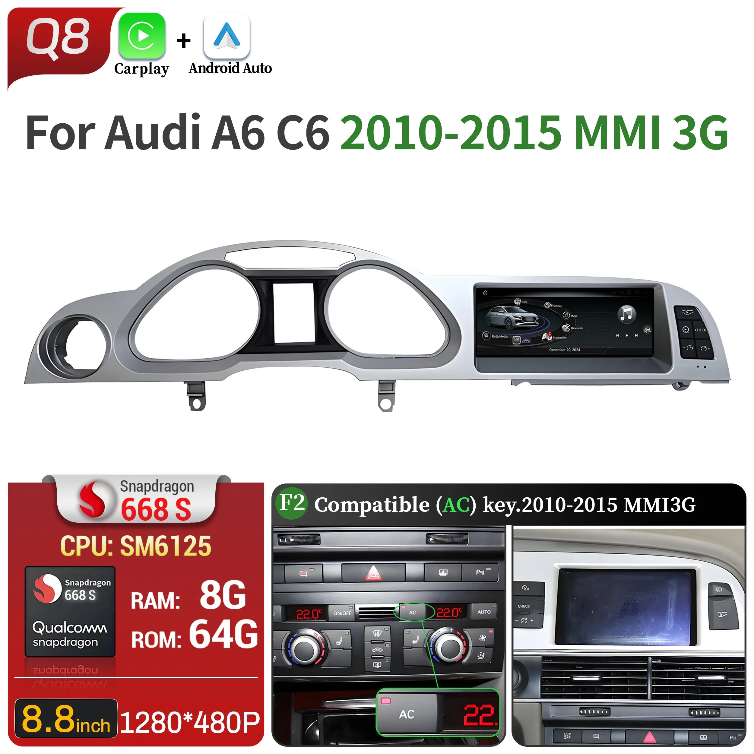 8.8 inch Left Hand Drive Android 14 For Audi A6 C6 2005-2011 Car Radio Wireless BT Carplay Qualcomm Snapdragon 680 Touch Screen
