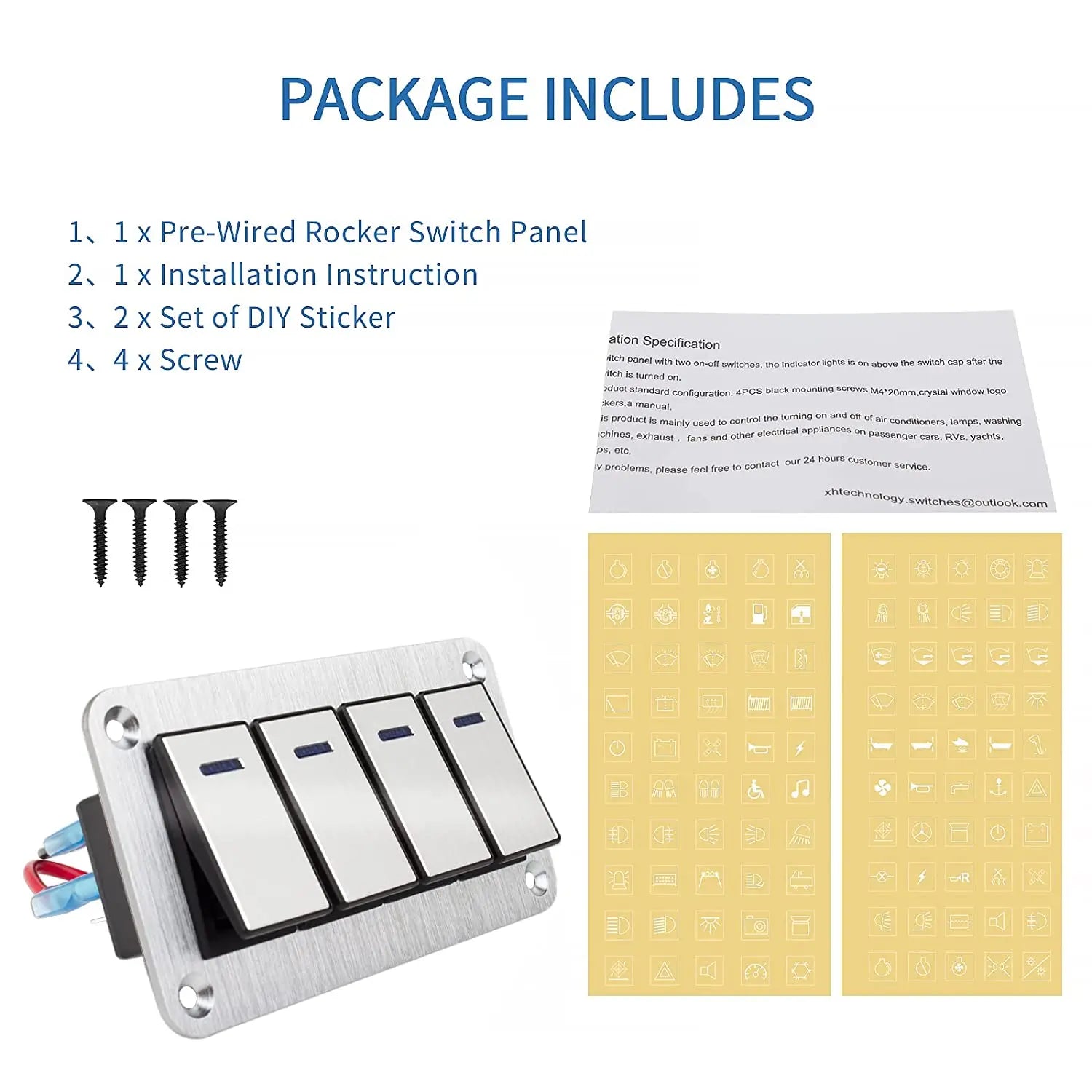 Durable metal 2-8Gang rocker switch panel with LED light, waterproof and overload protection for car card, vehicle and vessel