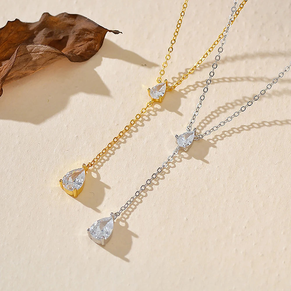 2-Stone Waterdrop Moissanite Pendant Necklace for Women 925 Silver 1.5cttw Y-Style Long Tassel Pear Cut Lab Diamond Neckchain