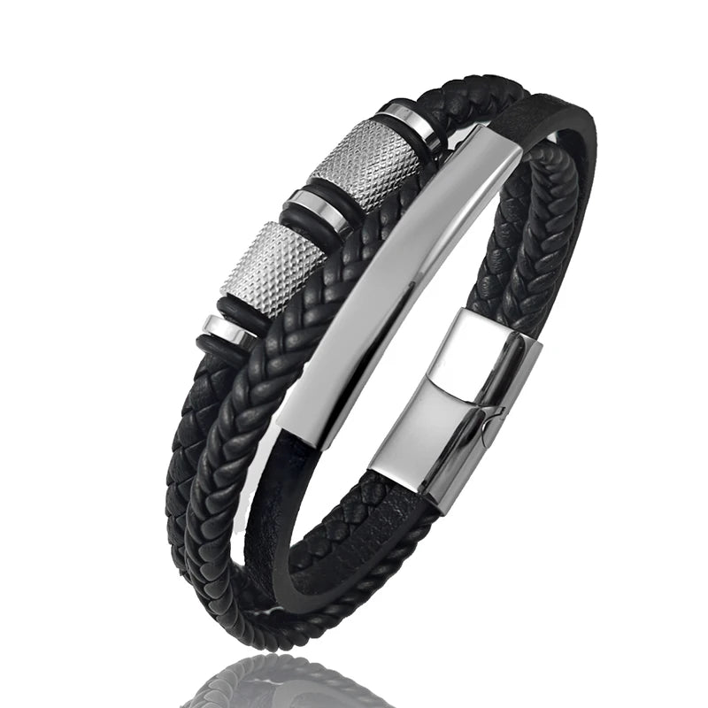 New Gold Beads Charm Men Bracelet Stainless Steel Magnetic Buckle Braided Mutilayer Leather Wrapped Bangles Women Jewelry Gift
