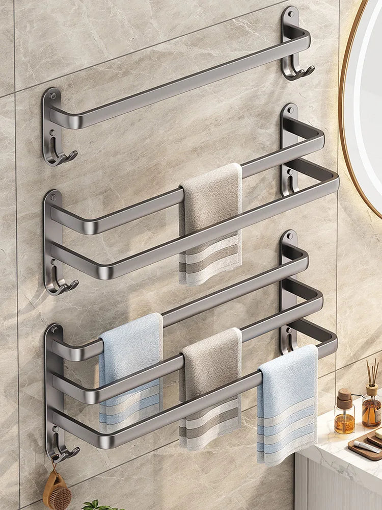 30-50CM Wall Mounted Towel Hanger Towel Rack Bathroom Accessories Aluminum Towel Bar Rail Matte Black Shower Towel Holder Hook