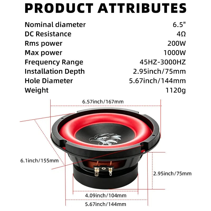 1pcs 6.5 Inch Car Speakers HiFi Subwoofer High Power 1000W High Sensitivity Stereo Mid Bass Music Multimedia Motorhome Car Audio