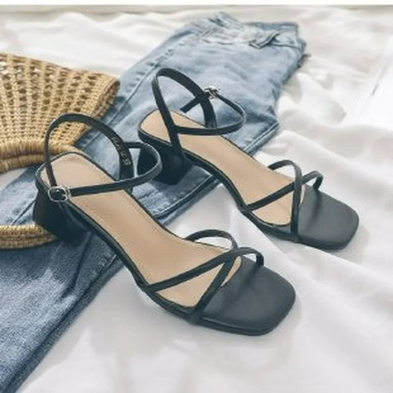 Comemore Comfortable 2023 Summer Block Heel Women's Sandals Girl Shoes Black Outer Wear Fashion Elegant Medium Heels Footwear 40
