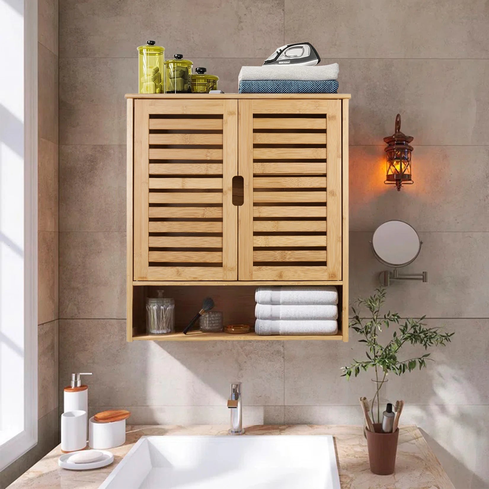 Meuble de Rangement Mural pour Salle de Bain Étagère de Rangement en Bambou Armoire à Pharmacie