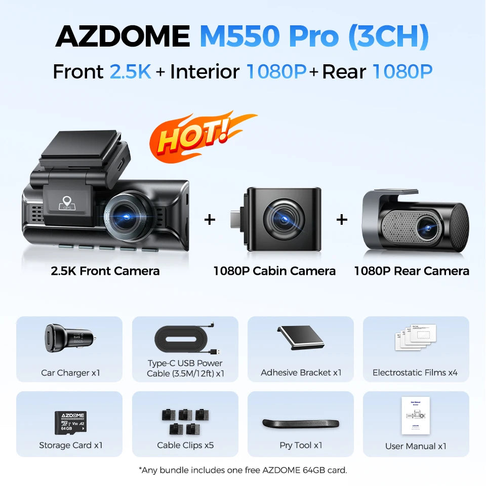 AZDOME M550 Pro Dash Cam Car DVR 5.8Ghz WiFi 3.19" IPS 2 or 3 Channel Dash Camera GPS Night Vision Dual 4K+1080P Parking Monitor
