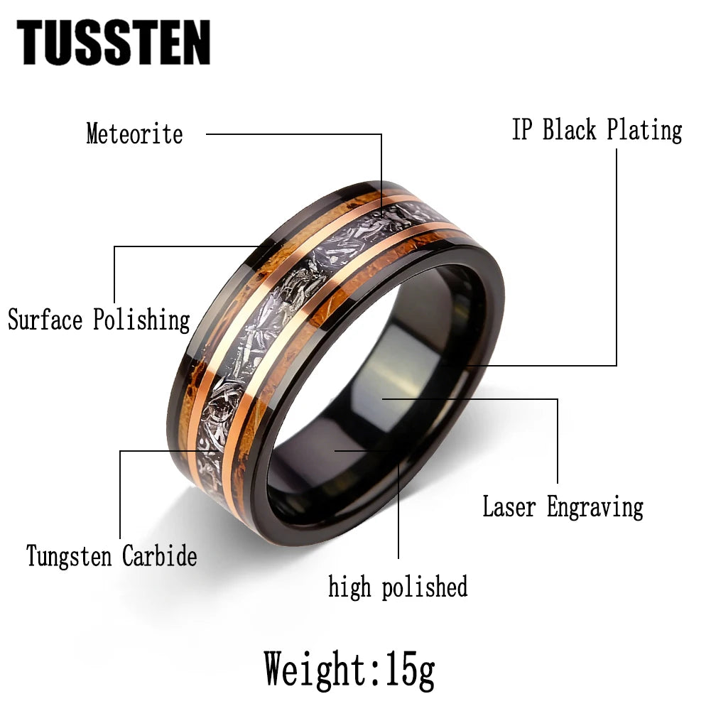 TUSSTEN 8MM Men's and Women's Wedding Tungsten Ring Inlaid Wood And Meteorolite Inlay Comfortable Fit