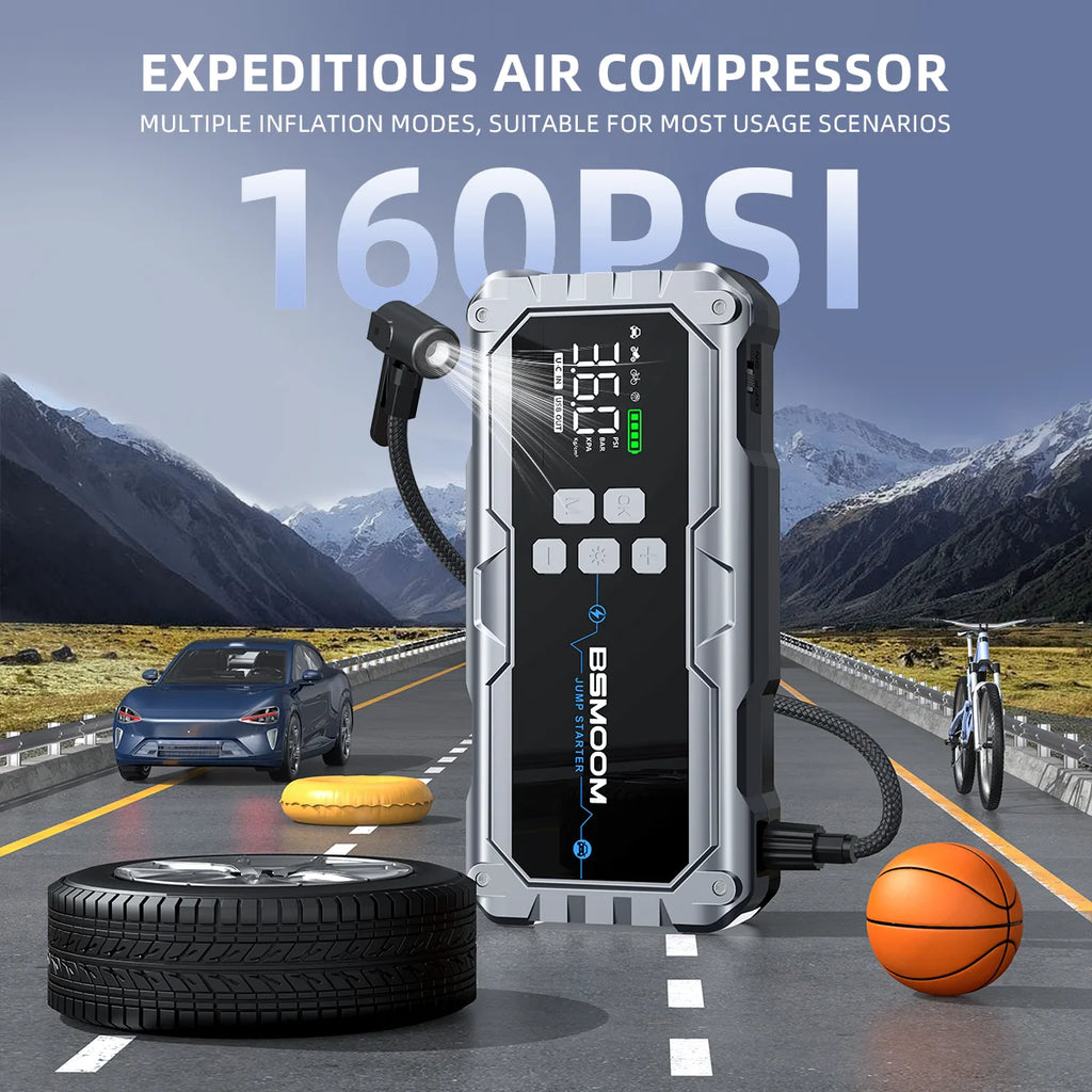 150PSI Air Pump Car Battery Emergency Boosters ,7000A/1500A PEAK Car Jump Starter Power Bank ,Portable Starting Device Car Starter New,Cars with USB Ports And LED Flashlight, 26800mAh/21800mAh Portable Car Jump Starter, Batte
