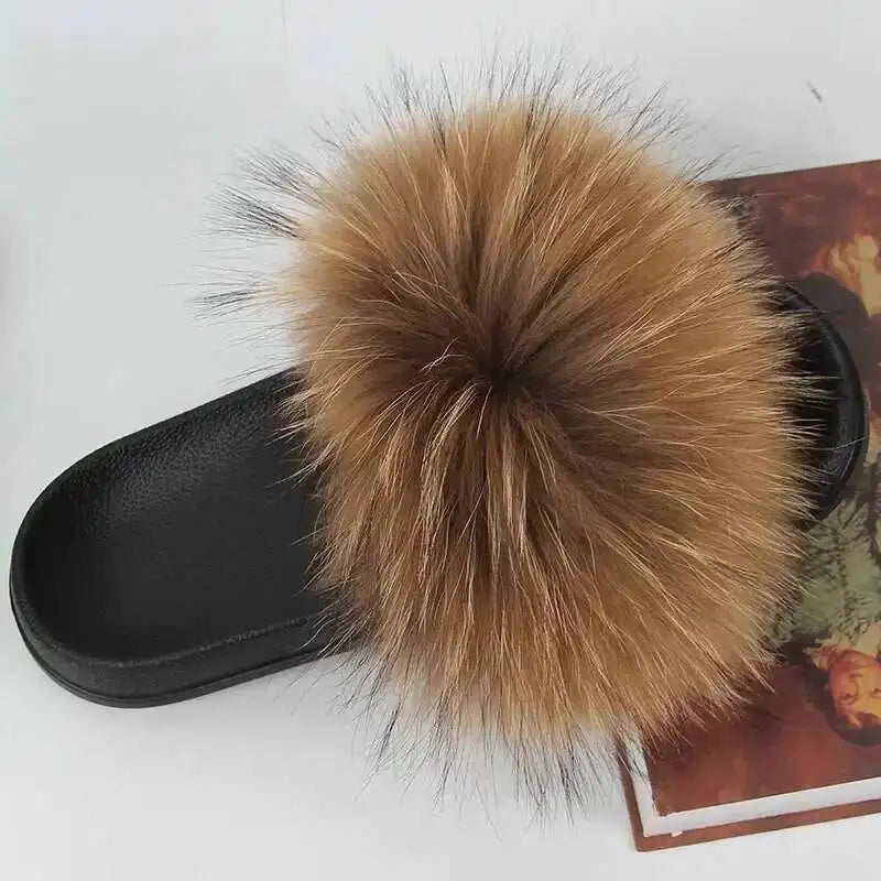Real Raccoon Fur Slippers For Women 2023 Summer Fluffy Indoor House Fuzzy Flat Slides Outdoor Fashion Beach Sandals Flip Flops