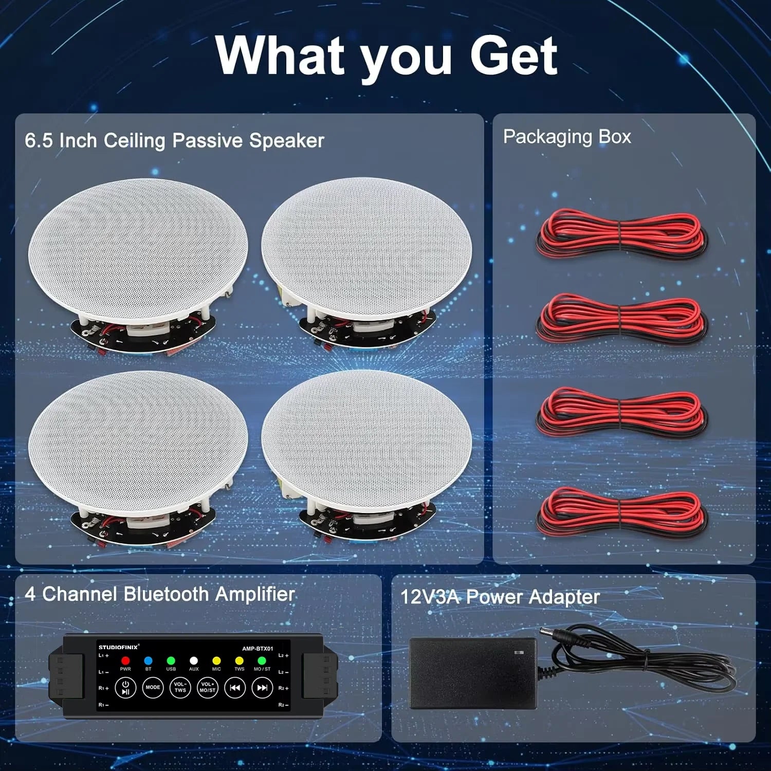 STUDIOFINIX 6.5" 4 PCS 600 Watts Haut-parleurs de plafond Bluetooth Enceintes encastrables filaires pour la maison Idéal pour cuisine intérieure, maison, chambre