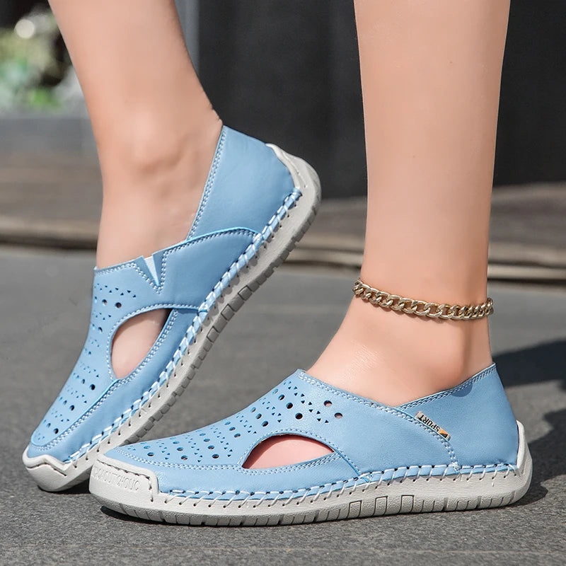 Unisex Sandals Hand Sewn Leather Hollow Out Outdoor Casual Shoes Comfortable Soft Summer Fashion Street Walking Shoes Women