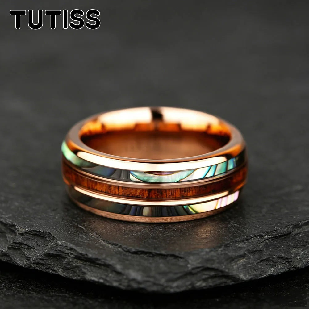 8mm Whiskey Barrel Abalone Shell Inlaid With Rose gold Tungsten Wedding Ring, Polished Edge, Couple Engagement Anniversary Gift