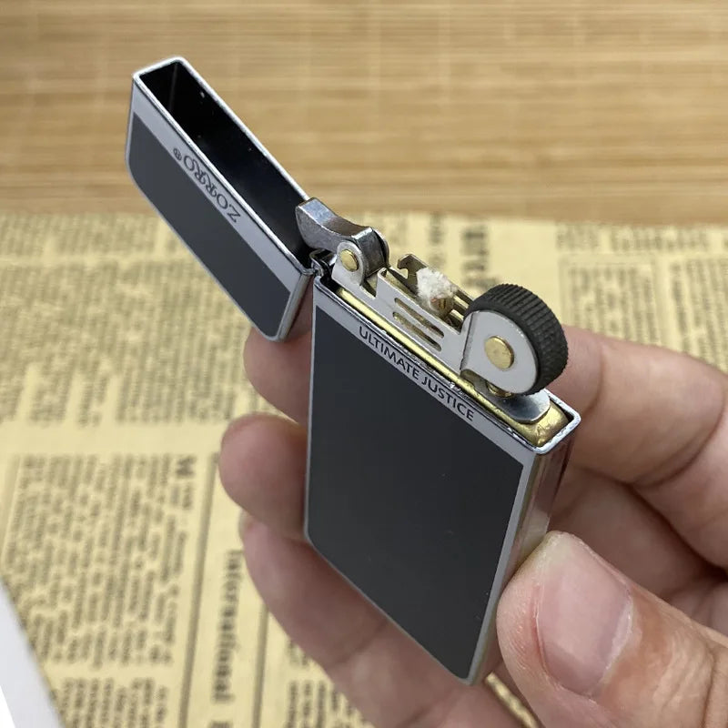 Zorro Ultra-thin Gold Label Bright Chrome Resin Black  Lighter Retro Windproof Men's Gift Good Quality Lighter with Box