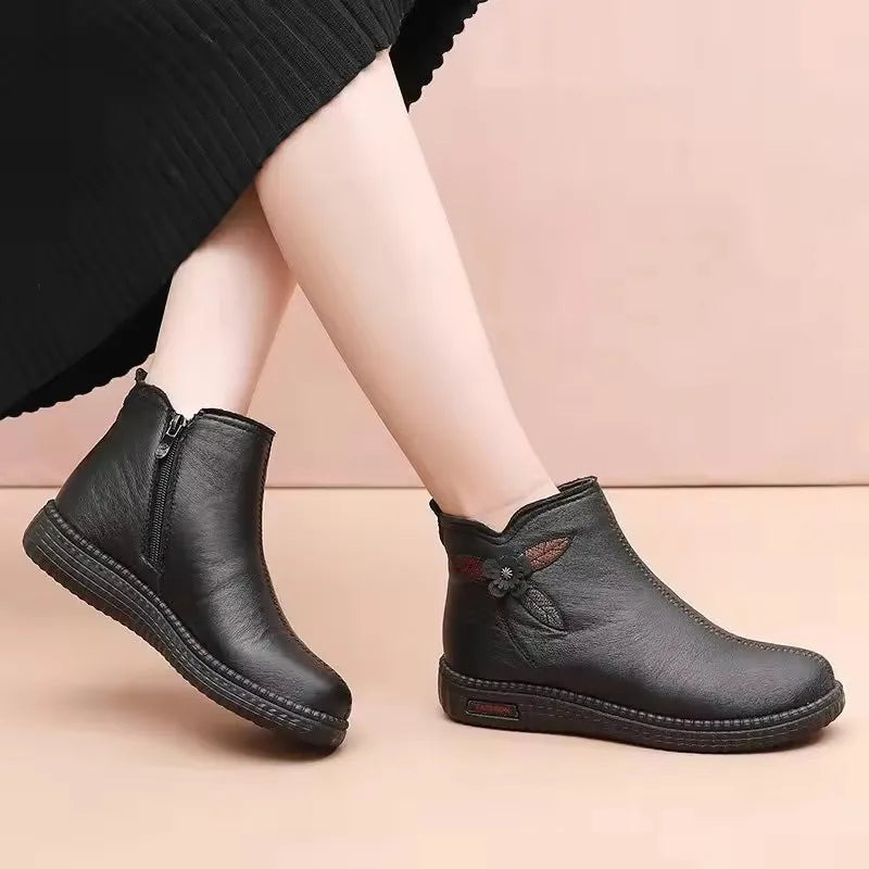 GKTINOO 2026 Winter Leather Women Ankle Boots Shoes Women Thick Plush Warm Casual Snow Boots Mother Waterproof Non-slip Booties
