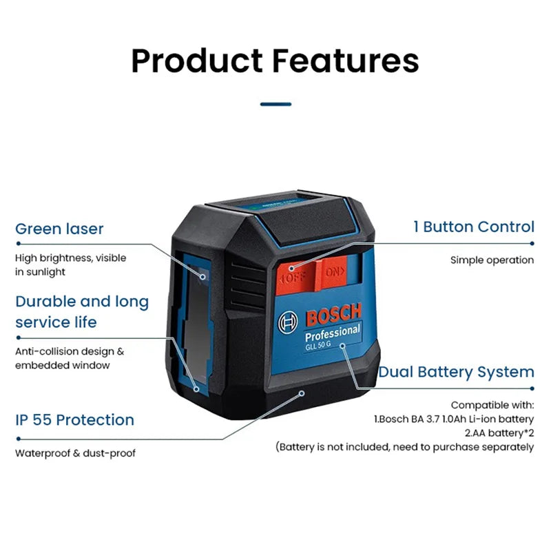 Bosch Laser Level GLL 50 G Green 2 Lines Level 15M Self-leveling Horizontal & Vertical Cross Super Powerful Measuring Tools
