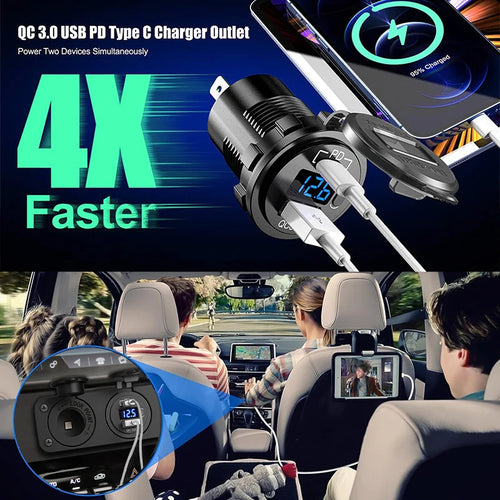 Prise USB 12 V Panneau marin PD Type C QC3.0 Ports USB Chargeur de voiture avec voltmètre LED Interrupteur d'alimentation Prise allume-cigare