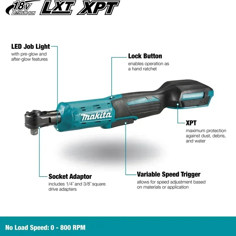 MAKITA DWR180Z 18V LXT Cordless Ratchet Wrench 6.35mm Drive 800RPM 47.5 N·m Angle Wrench Socket Wrench Power Tools DWR180