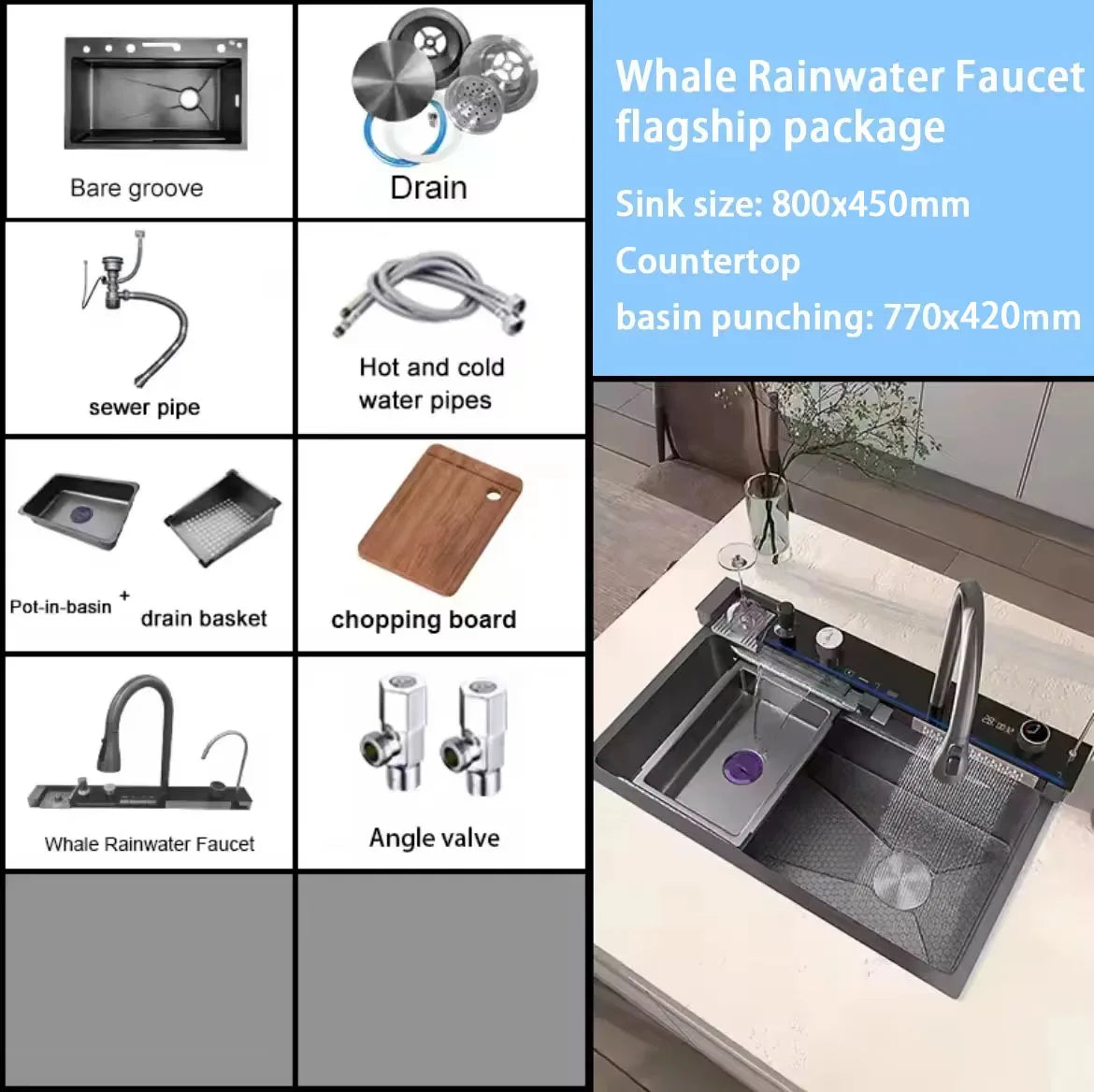 Stainless Steel Kitchen Sink with Faucet Digital Display Large Single Bowl Waterfall Rain 5 Functions System Dish Basin Sink