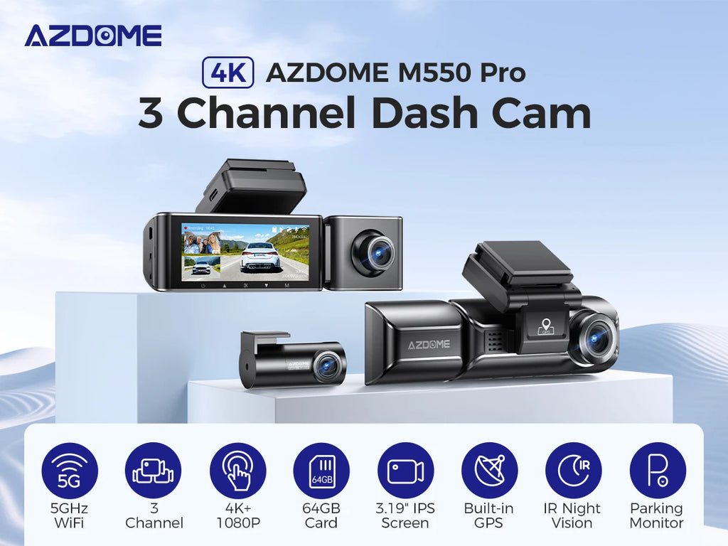 AZDOME M550 Pro Dash Cam Car DVR 5.8Ghz WiFi 3.19" IPS 2 or 3 Channel Dash Camera GPS Night Vision Dual 4K+1080P Parking Monitor