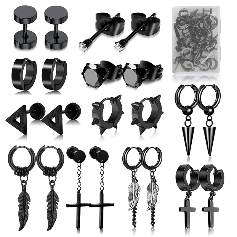 11 Pairs Punk Stainless Steel Stud Earrings Black Earrings Set For Men Women Vintage Hip Hop Piercing Ear Jewelry Accessories