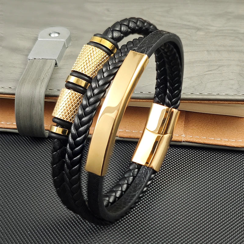 New Gold Beads Charm Men Bracelet Stainless Steel Magnetic Buckle Braided Mutilayer Leather Wrapped Bangles Women Jewelry Gift