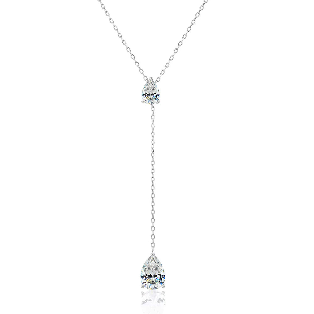 2-Stone Waterdrop Moissanite Pendant Necklace for Women 925 Silver 1.5cttw Y-Style Long Tassel Pear Cut Lab Diamond Neckchain