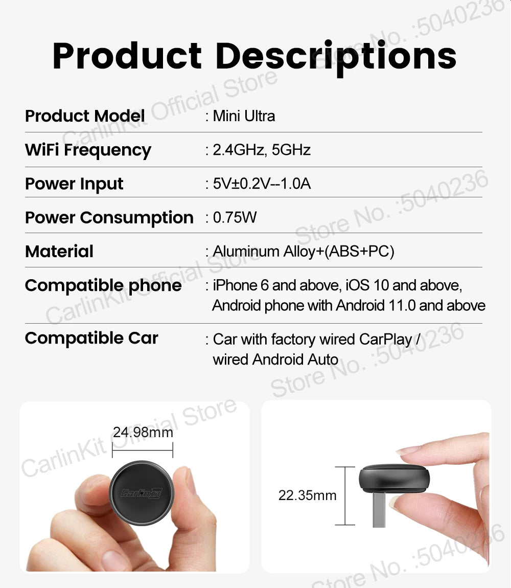Mini Ultra 3 CarlinKit Wireless Android Auto & CarPlay Adapter 2.4Ghz&5Ghz WiFi BLE Auto Connect OTA Upgrade Mini Smart Car Box