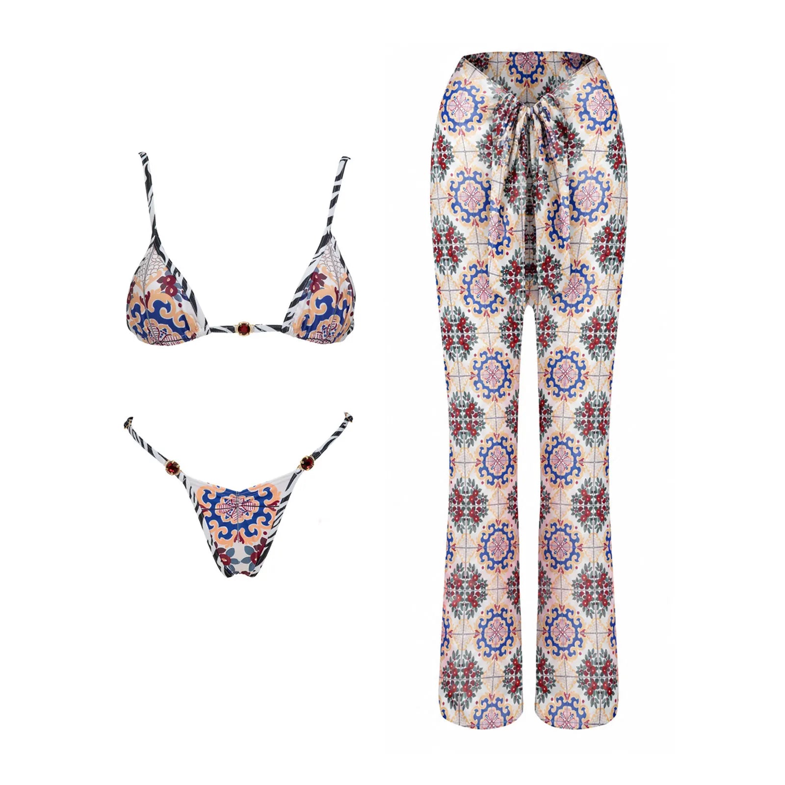 Maillot de bain 3 pièces push-up 2026 à imprimés rétro avec pantalon en maille, maillot de bain sexy pour femme, paréo de plage à bretelles