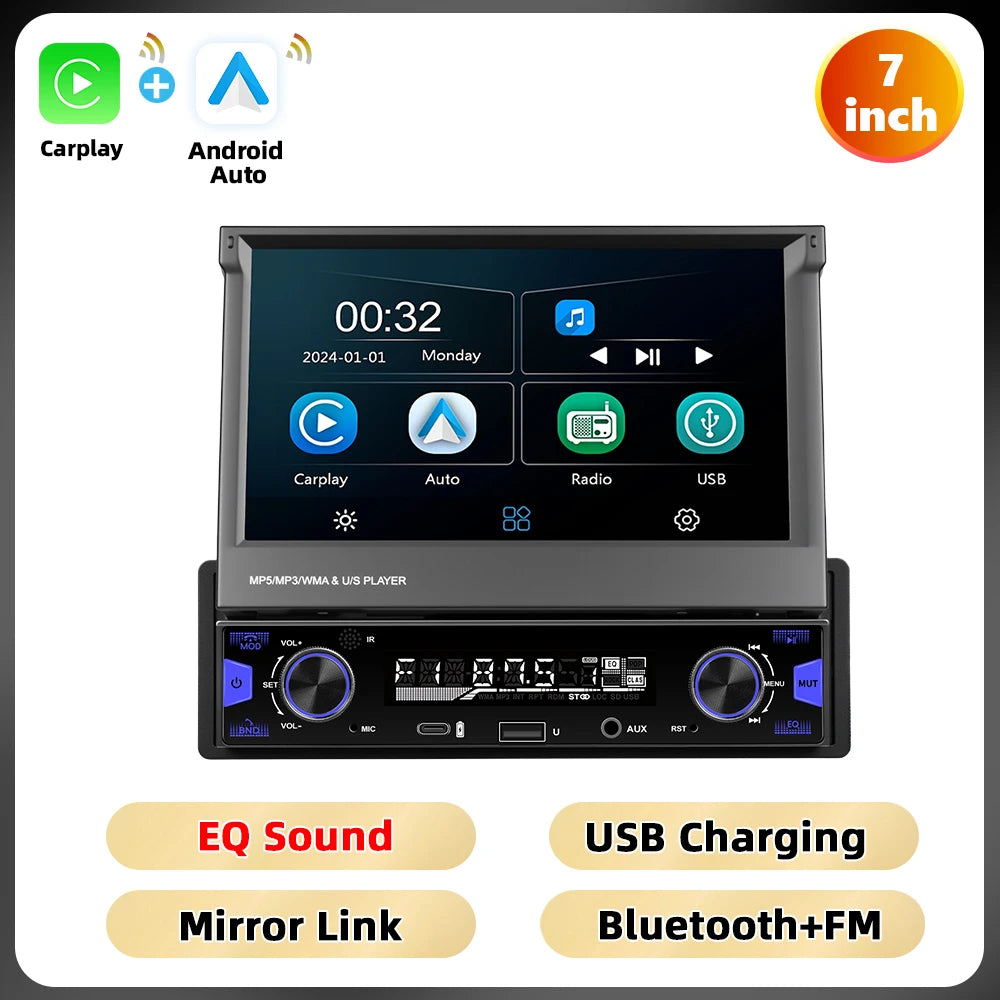 Podofo 7'' 1Din Retractable Screen EQ Sound FM/AM/RDS Multimedia Player Carplay Android Auto Bluetooth Type-C USB SWC Car Audio