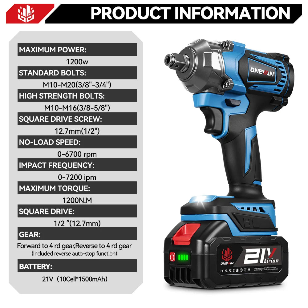 ONEVAN 1200Nm Brushless Electric Impact Wrench Cordless Wrench Socket Rechargeable 1/2Inch Power Tool For Makita 18V Battery Pin