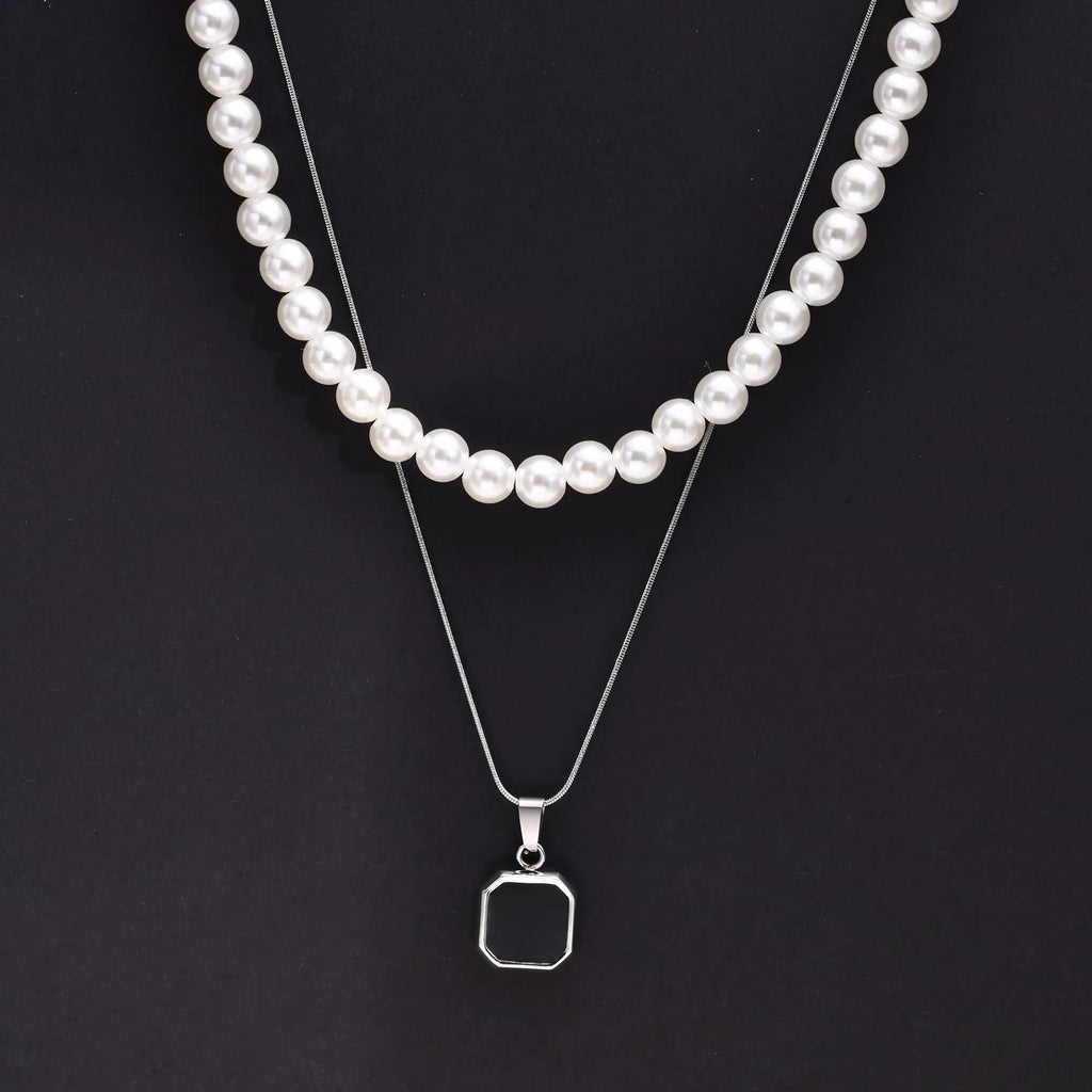 Vnox 2pcs Necklaces Set for Men, Geometric Square Pendant with 55cm Rope Box Cuban Chain, Simulated Pearl Chain Steel Collar