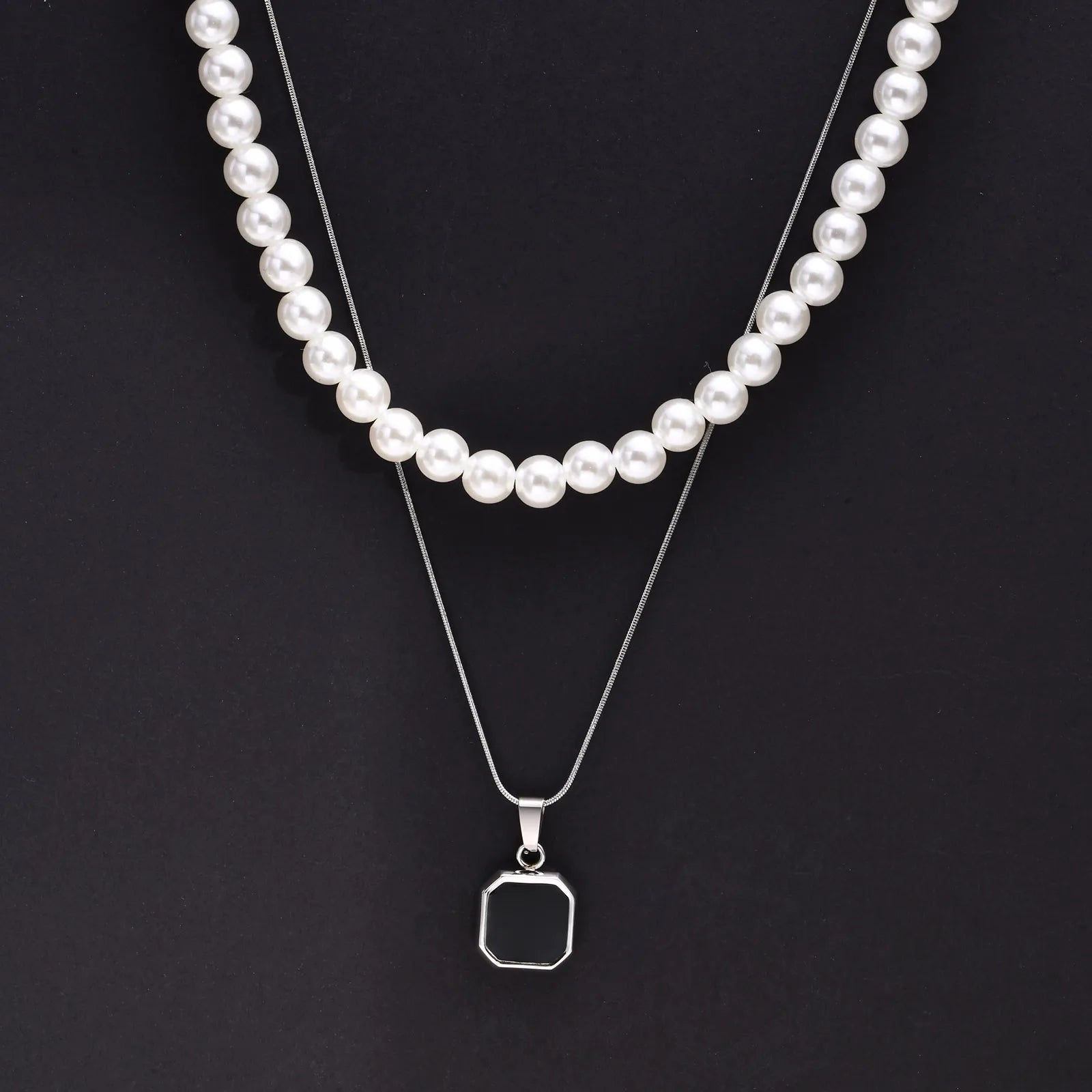 Vnox 2pcs Necklaces Set for Men, Geometric Square Pendant with 55cm Rope Box Cuban Chain, Simulated Pearl Chain Steel Collar