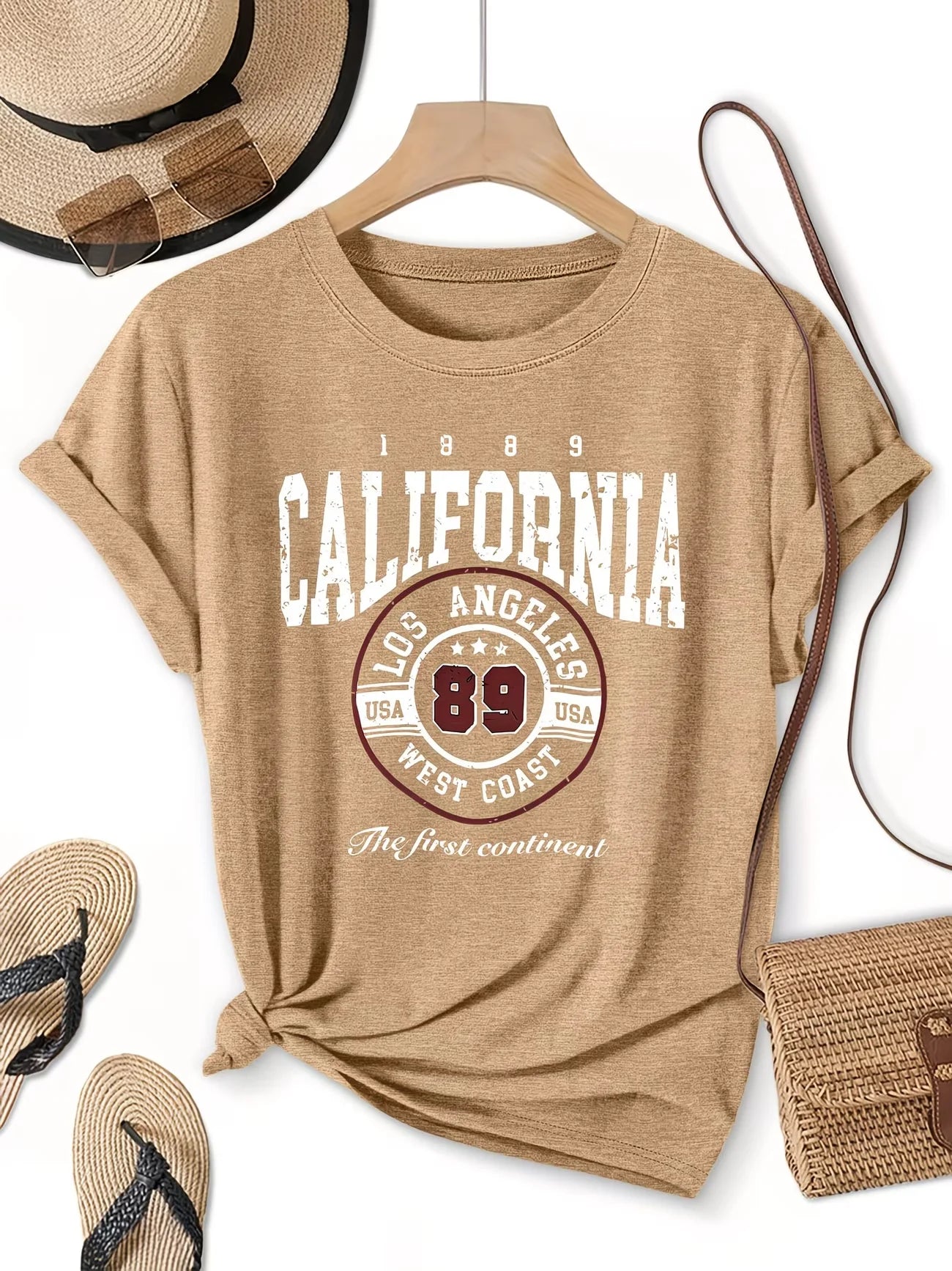 Col rond Manches courtes Style rétro américain Californie Los Angeles 89 Lettre Imprimé T-shirt Tenues décontractées pour femmes