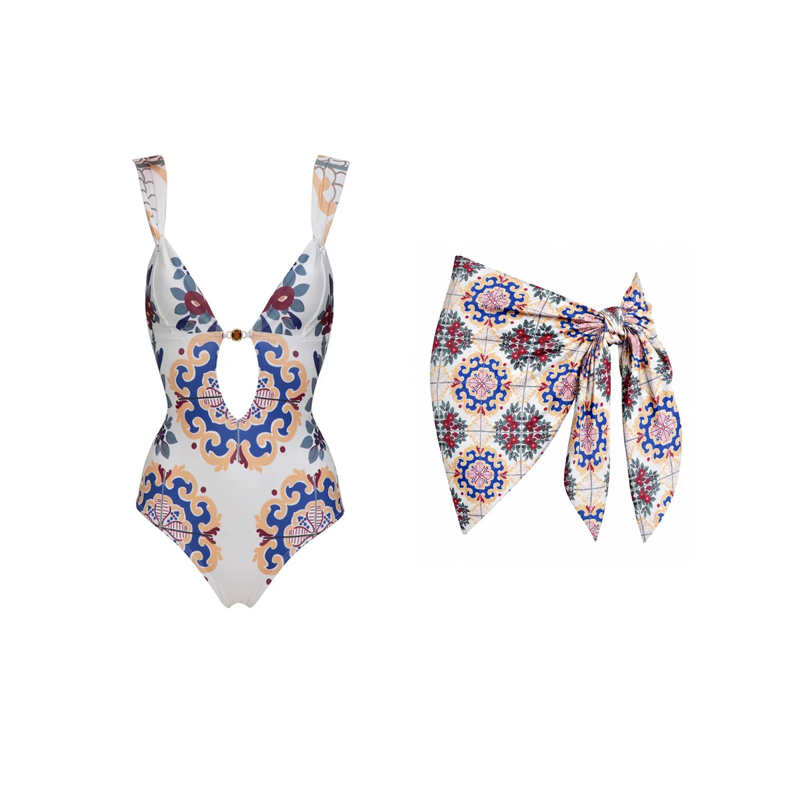 Maillot de bain 3 pièces push-up 2026 à imprimés rétro avec pantalon en maille, maillot de bain sexy pour femme, paréo de plage à bretelles