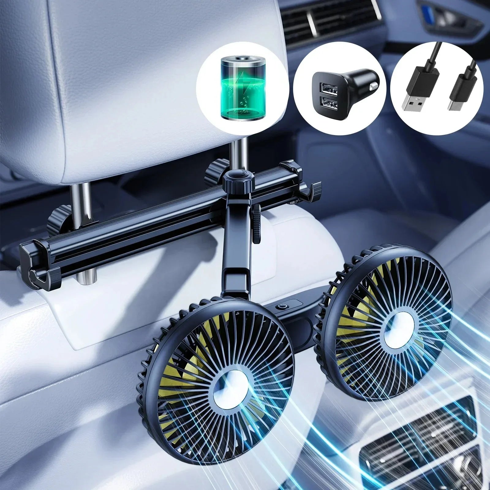 Eary Car Dual Head Fan Mount for Back Seat Headrest Air Cooler Fan With 2 Hooks Long Arm Adjustable 3 Speeds For Truck SUV Sedan