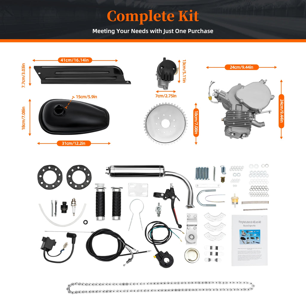 80cc 2-Stroke Bicycle Gas Engine Kit,40km/h Petrol Motorized Bike Motor with 2L Tank,Fit for 26/28 Inch Bicycles,180kg Load