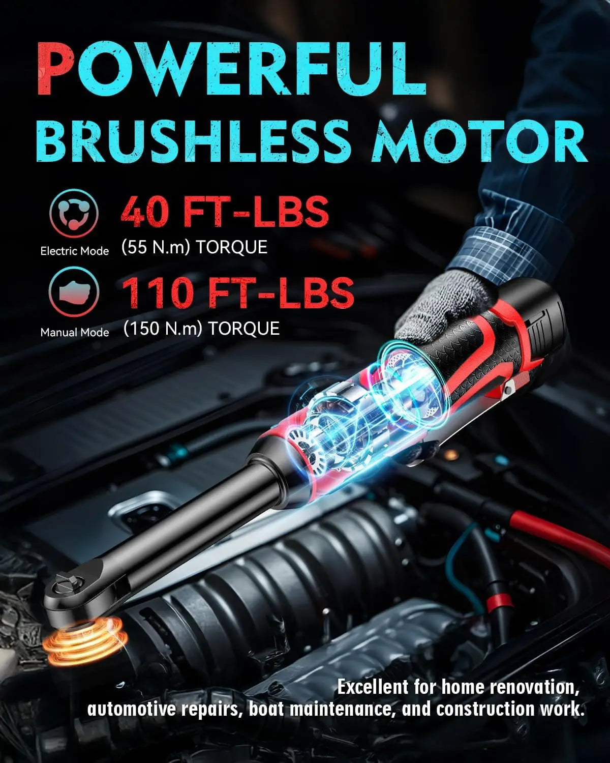 16.8V/18V Cordless Right Angle Ratchet Wrench 450RPM 3/8 Inch Drive Electric Wrench Portable Nut Disassembly Spanner Car Motorcycle Bicycle Repair Maintenance Hand Tool With 2 Lithium Batteries