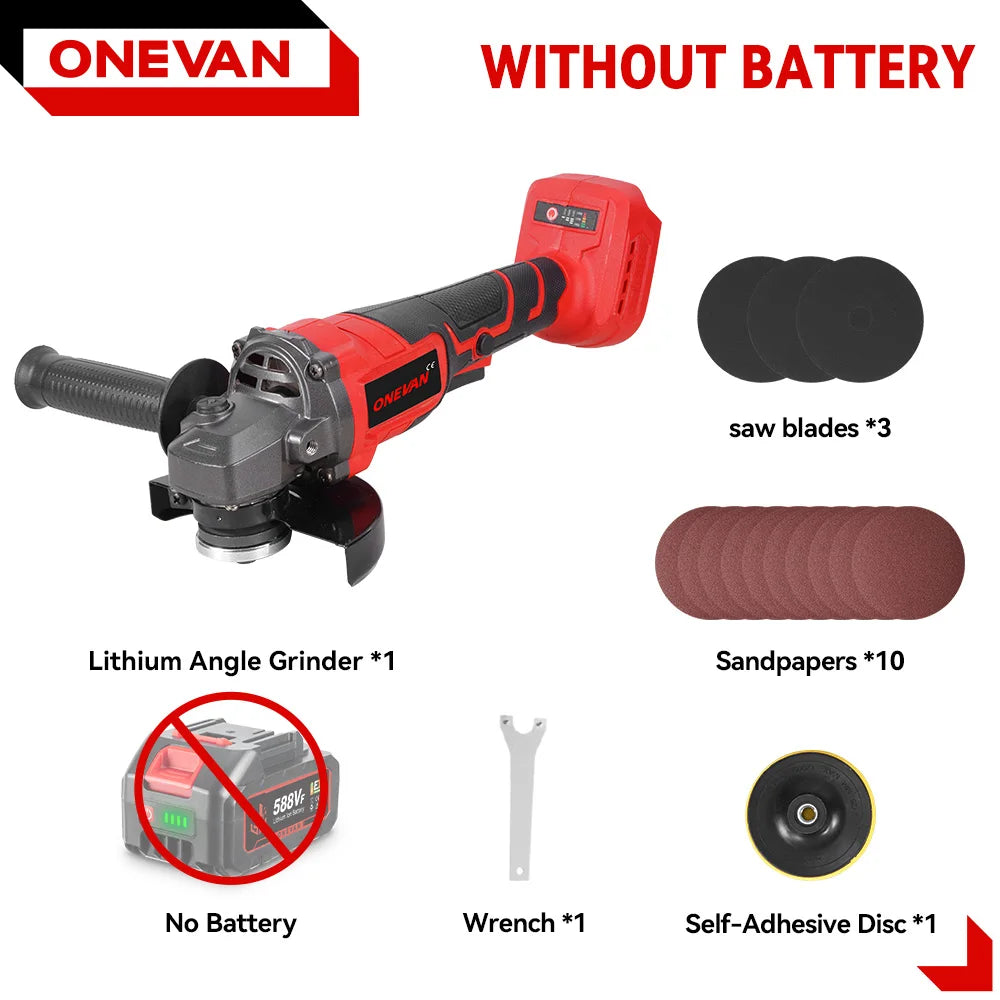 ONEVAN 3000W Brushless Electric Angle Grinder 3 Gear Cordless Cutting Metal Pipe Power Polish Tools For Makita 18V Battery Pin