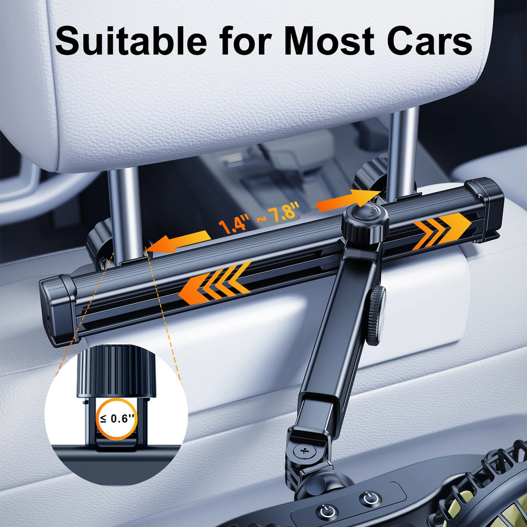 Eary Car Dual Head Fan Mount for Back Seat Headrest Air Cooler Fan With 2 Hooks Long Arm Adjustable 3 Speeds For Truck SUV Sedan